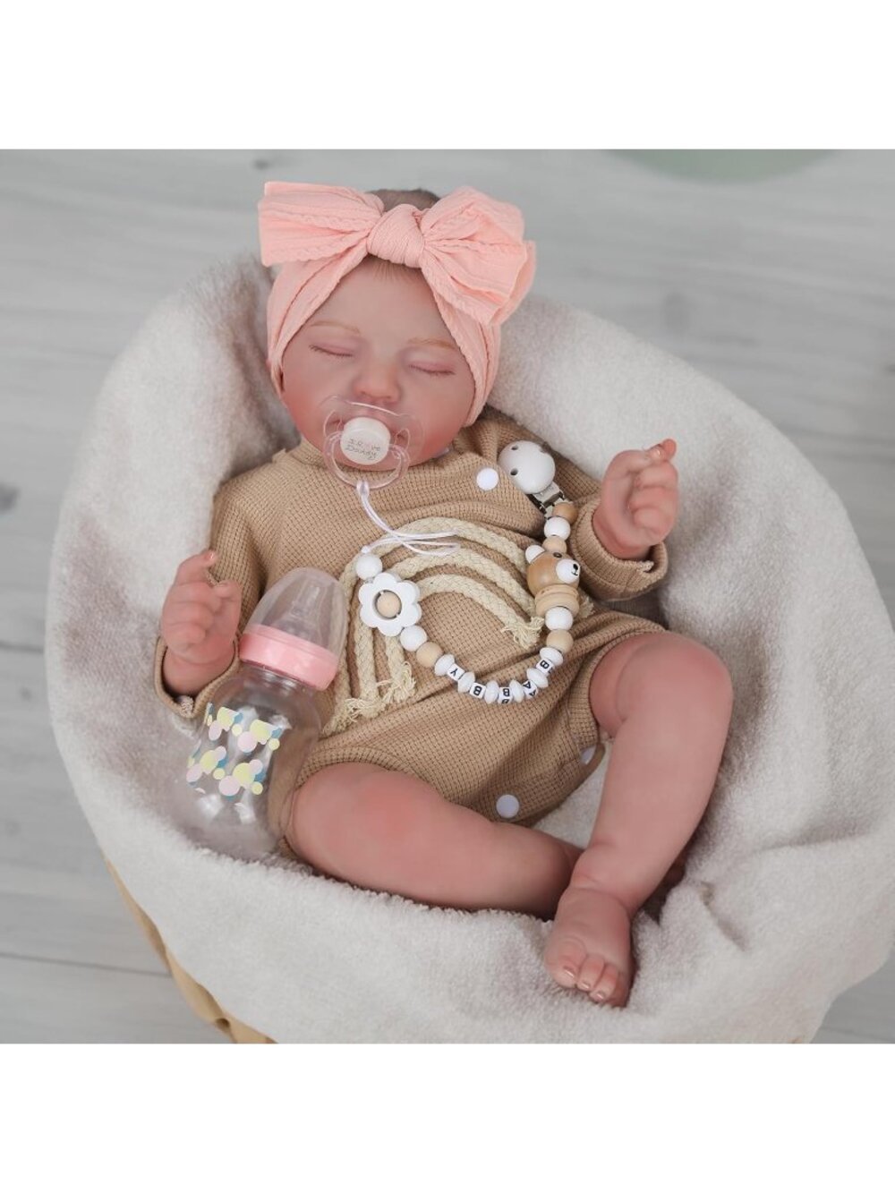 20" Brown Pink Realistic Baby Doll Sleeping Soft Reborn Doll with Accessories